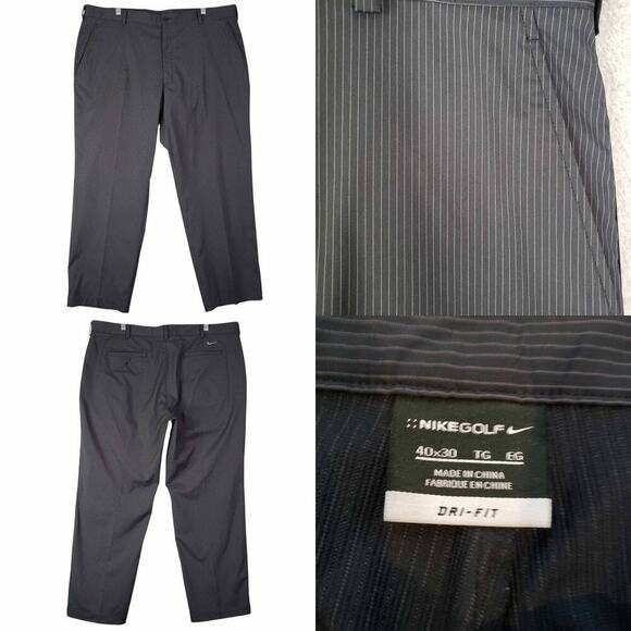 Nike Golf Pants Size 40x30 Black Flat Front Chino Straight Dri-Fit Striped - Picture 1 of 13